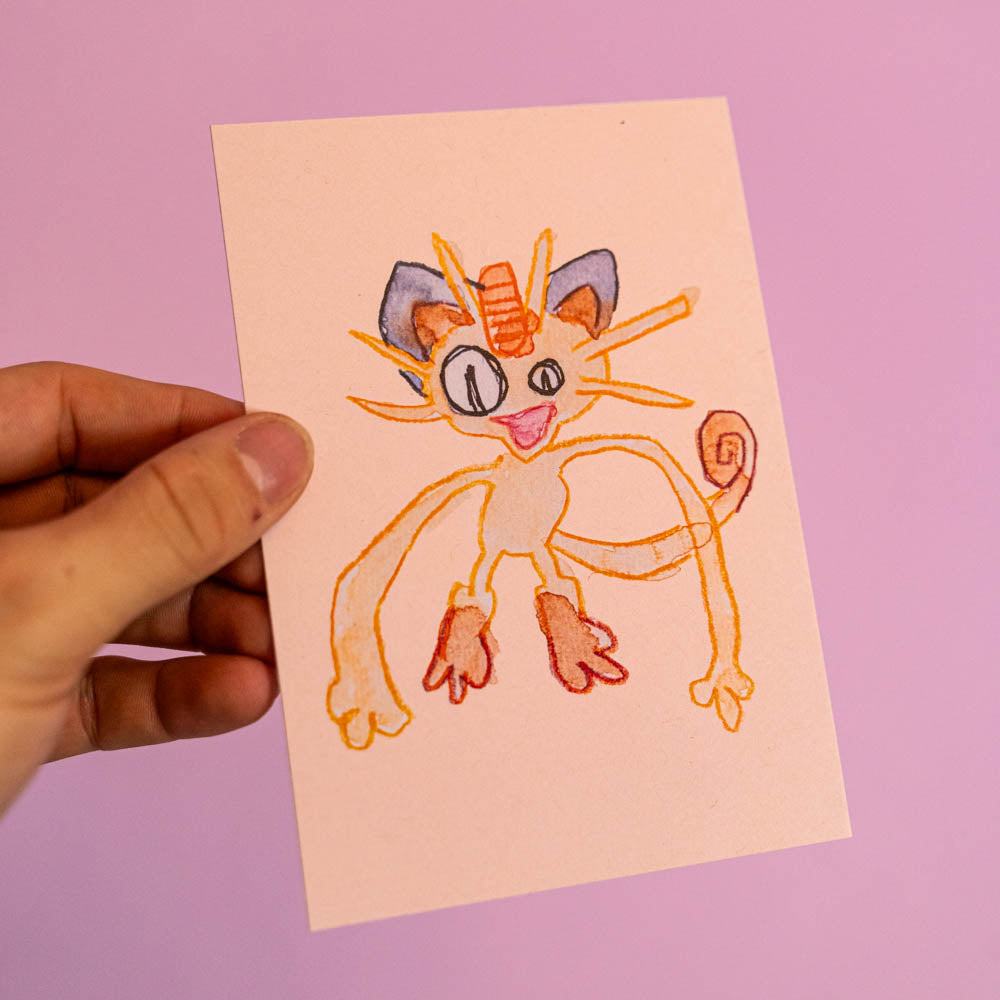 Carte postale Miaous (Edition Moche) -Carte postale imprimée d’une illustration réalisée à l'aquarelle et aux crayons de couleurs.Le dessin vient d'un challenge en live sur Twitch dans lequel j'ai dessiné les 151 Pokémon de la première génération de 1995 en 24h en live sur Twitch, MAIS : en moche ! Voir la vidéo : https://youtu.be/0MyLD5bqc1Q Papier 300g recyclé. Possibilité de la faire signer et dédicacer à la main en choisissant l'option de livraison "Dédicacée".-Brunograffer Carte postale Miaous (Edition Moche) -Carte postale imprimée d’une illustration réalisée à l'aquarelle et aux crayons de couleurs.Le dessin vient d'un challenge en live sur Twitch dans lequel j'ai dessiné les 151 Pokémon de la première génération de 1995 en 24h en live sur Twitch, MAIS : en moche ! Voir la vidéo : https://youtu.be/0MyLD5bqc1Q Papier 300g recyclé. Possibilité de la faire signer et dédicacer à la main en choisissant l'option de livraison