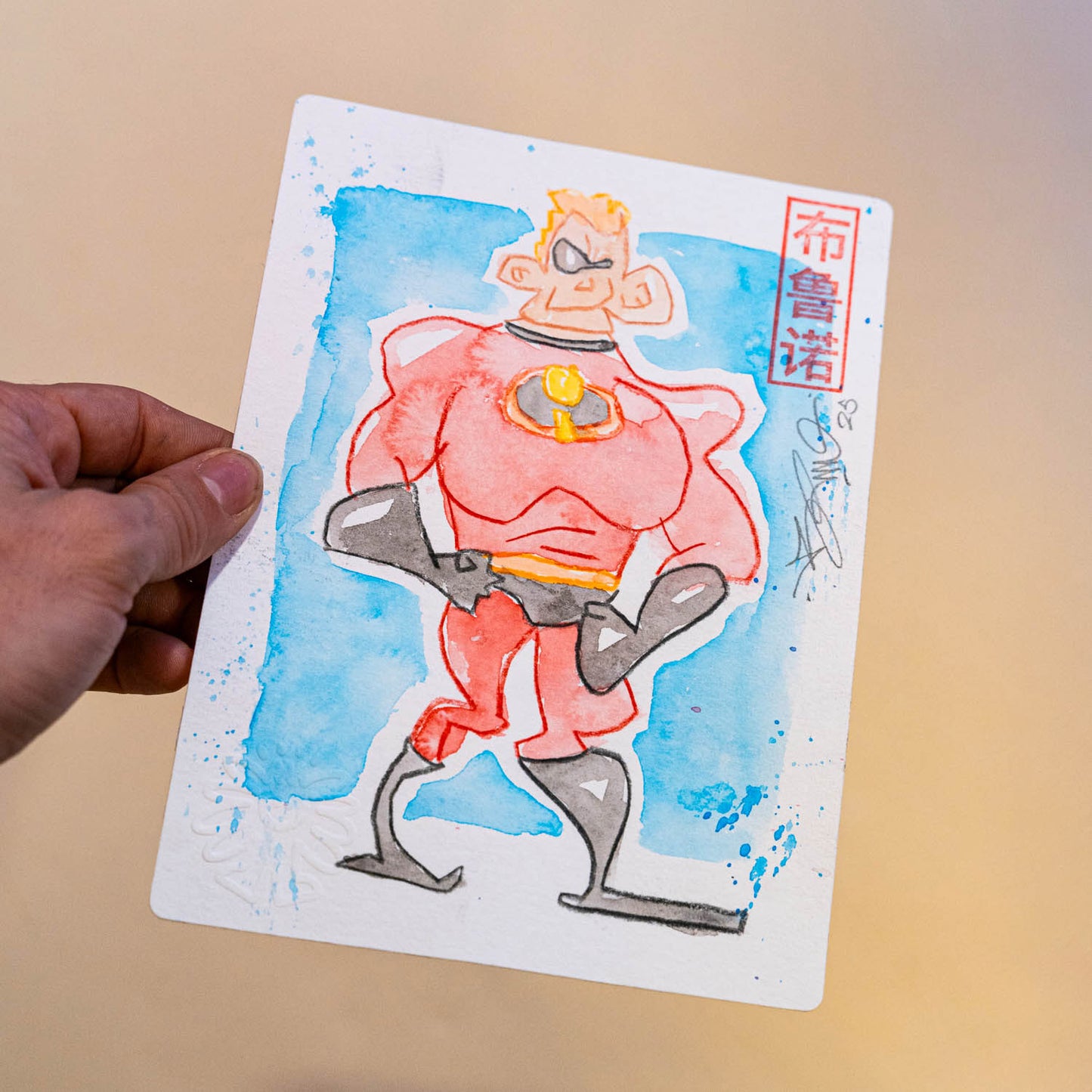 M. Indestructible (Original) -Dessin original réalisé en live sur Twitch tamponné, gaufré et signé à la main. Matériel : Crayons de couleur et peinture aquarelle. Dimensions : 15 x 21 cm Papier hahnemühle épais 300g de grande qualité.-Brunograffer M. Indestructible (Original) -Dessin original réalisé en live sur Twitch tamponné, gaufré et signé à la main. Matériel : Crayons de couleur et peinture aquarelle. Dimensions : 15 x 21 cm Papier hahnemühle épais 300g de grande qualité.-Brunograffer