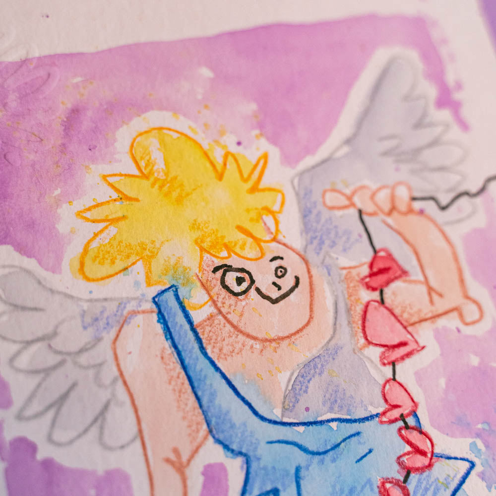 Pauvre petit ange (Original) -Dessin original réalisé pour une parodie des vidéos du créateurs de contenus sur TikTok "Lakaka". Dessin original en exemplaire unique, tamponné, gaufré et signé à la main. Matériel : Peinture aquarelle et crayons de couleurs. Dimensions : 15 x 21 cm Papier aquarelle épais 300g-Brunograffer Pauvre petit ange (Original) -Dessin original réalisé pour une parodie des vidéos du créateurs de contenus sur TikTok
