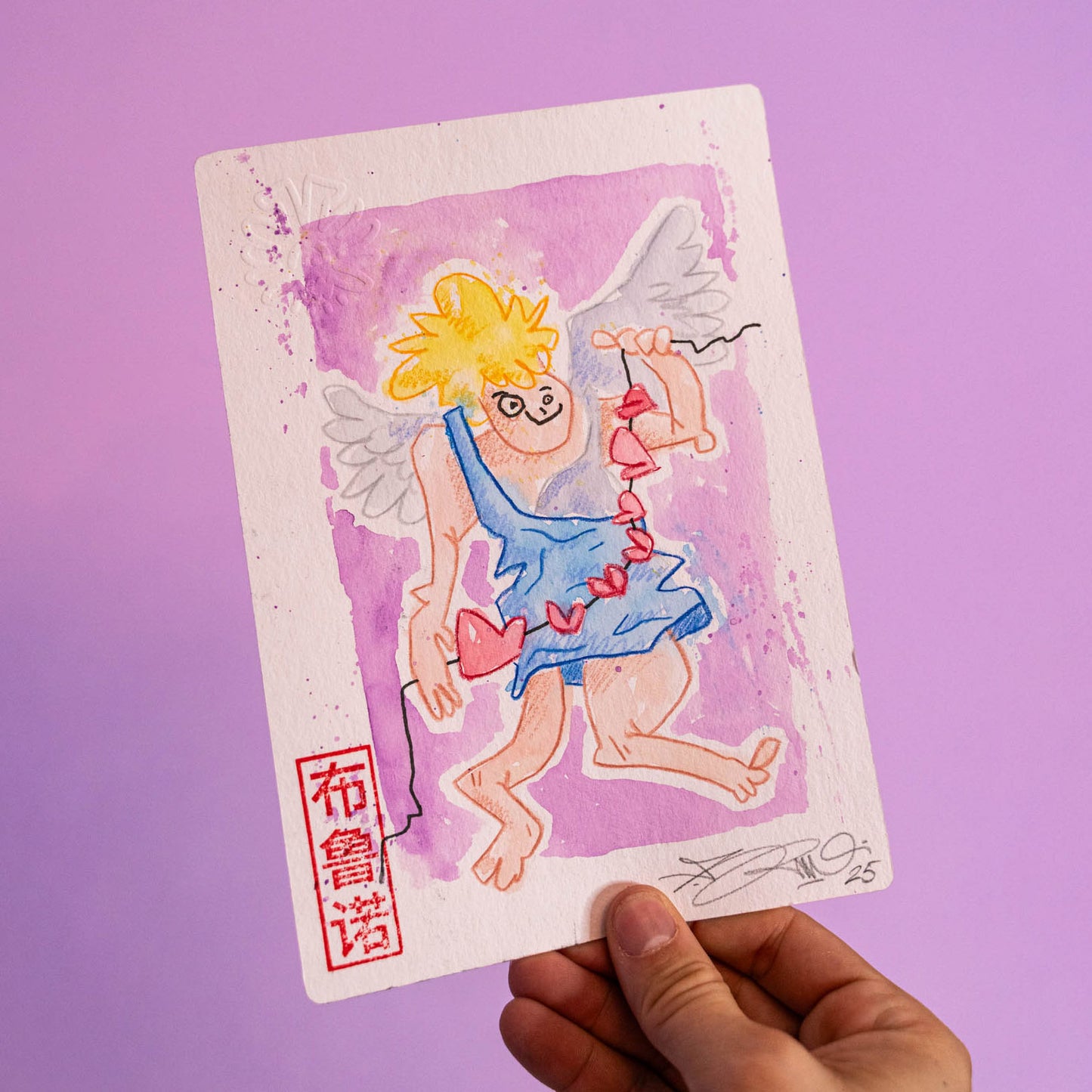 Pauvre petit ange (Original) -Dessin original réalisé pour une parodie des vidéos du créateurs de contenus sur TikTok "Lakaka". Dessin original en exemplaire unique, tamponné, gaufré et signé à la main. Matériel : Peinture aquarelle et crayons de couleurs. Dimensions : 15 x 21 cm Papier aquarelle épais 300g-Brunograffer Pauvre petit ange (Original) -Dessin original réalisé pour une parodie des vidéos du créateurs de contenus sur TikTok