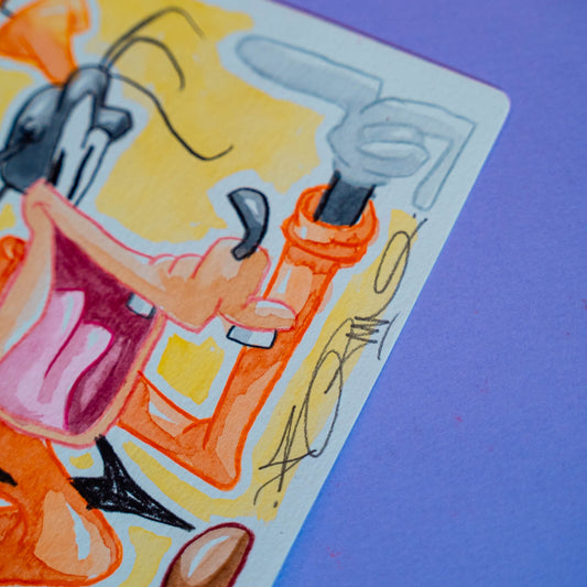 Dingus (Original) Boutique Art de Brunograffer - Dessin original réalisé en live sur Twitch tamponné, gaufré et signé à la main.
 
Matériel : Crayon de couleurs et peinture aquarelle.
Dimensions : 15 x 21 cm
Papier épais 300g de grande qualité.