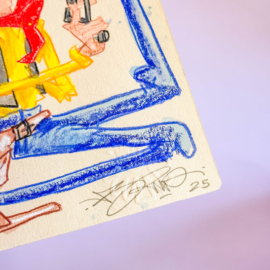 Lucky Truc (Original) Boutique Art de Brunograffer - Dessin original réalisé en live sur Twitch tamponné, gaufré et signé à la main.
 
Matériel : Crayon de couleurs, feutres pour enfant, pastels gras et aquarelle
Dimensions : 15 x 21 cm
Papier brun épais 300g de grande qualité.