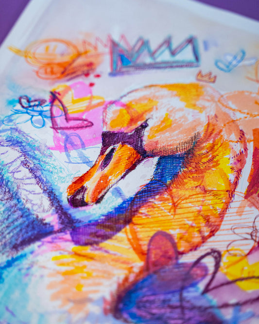 Signe Stabilo (Original) Boutique Art de Brunograffer - Illustration réalisée en collaboration avec la marque Stabilo, entièrement avec des feutres de leur gamme.
Il s'agit d'un dessin original à l'aquarelle et feutres fin sur papier épais 300g et embellis à la feuille à doré.
FORMAT A3 : 42 x 30 cm
Le dessins est tamponné, signé et gaufré à la main avec un sticker authentique.
Exemplaire unique.
Vendue sans cadre.