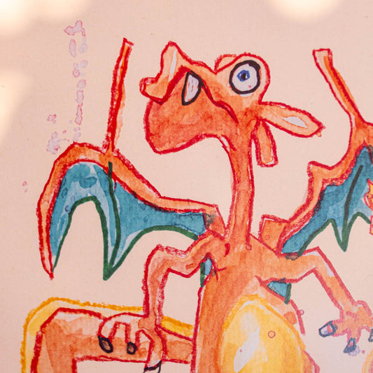 Poster Dracaufeu (Edition moche) Boutique Art de Brunograffer - Poster imprimé d’une illustration réalisée à l'aquarelle et aux crayons de couleurs.Le dessin vient d'un challenge en live sur Twitch dans lequel j'ai dessiné les 151 Pokémon de la première génération de 1995 en 24h en live sur Twitch, MAIS : en moche !
 
Voir la vidéo : https://youtu.be/0MyLD5bqc1Q
 
Papier recyclé 300g
Chaque poster son gaufré et tamponné à la main.
Vendu sans cadre.
Possibilité de la faire signer et dédicacer à la main en choisissant l'option de livraison "Dédicacé".