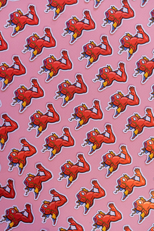 Magiclaque Boutique Art de Brunograffer - Illustration digitale d'une parodie de Pokémon imprimée sur stickers vinyl mat avec effet holographique.
Une illustration digital réalisé sur tablette iPad avec Procreate puis imprimée. Les autocollants sont résistant aux poussières et aux éclaboussures. Veillez bien à les coller sur une surface lisse, propre et sèche pour un bon maintient. Par exemple sur un casque, un vélo, un frigo, une porte, le dos d'un téléphone, etc.
Matériaux : Sticker Vinyle mat avec effet holographique.Dimensions : 4,8 x 5,7cm
 
Vendu à l'unité