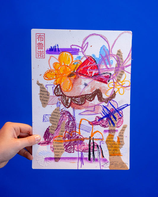 Dessin original réalisé en live sur Twitch tamponné, gaufré et signé à la main.
 
Matériel : Crayon de couleurs, feutres Posca, peinture aquarelle et pastels.
Dimensions : 21 x 29,7 cm (format A4)
Papier épais 300g de grande qualité.