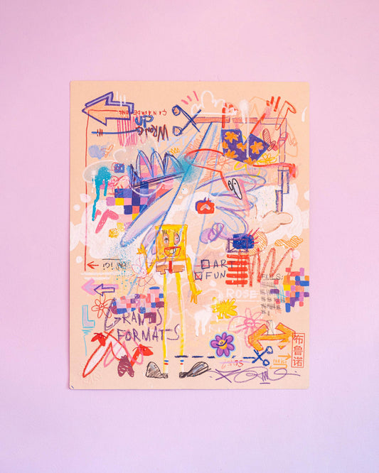 Illustration réalisée à la main au crayon, pastels, autocollant, marqueurs acrylique et peinture en spray.
 
Exemplaire unique signée, tamponnée et gaufrée à la main.
Dimensions : 35 x 45 cm