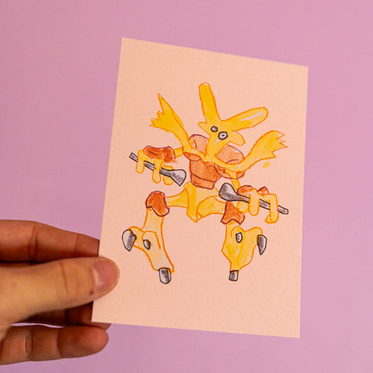 Carte postale imprimée d’une illustration réalisée à l'aquarelle et aux crayons de couleurs.Le dessin vient d'un challenge en live sur Twitch dans lequel j'ai dessiné les 151 Pokémon de la première génération de 1995 en 24h en live sur Twitch, MAIS : en moche !
 
 
Voir la vidéo : https://youtu.be/0MyLD5bqc1Q
 
Papier 300g recyclé.
Possibilité de la faire signer et dédicacer à la main en choisissant l'option de livraison 