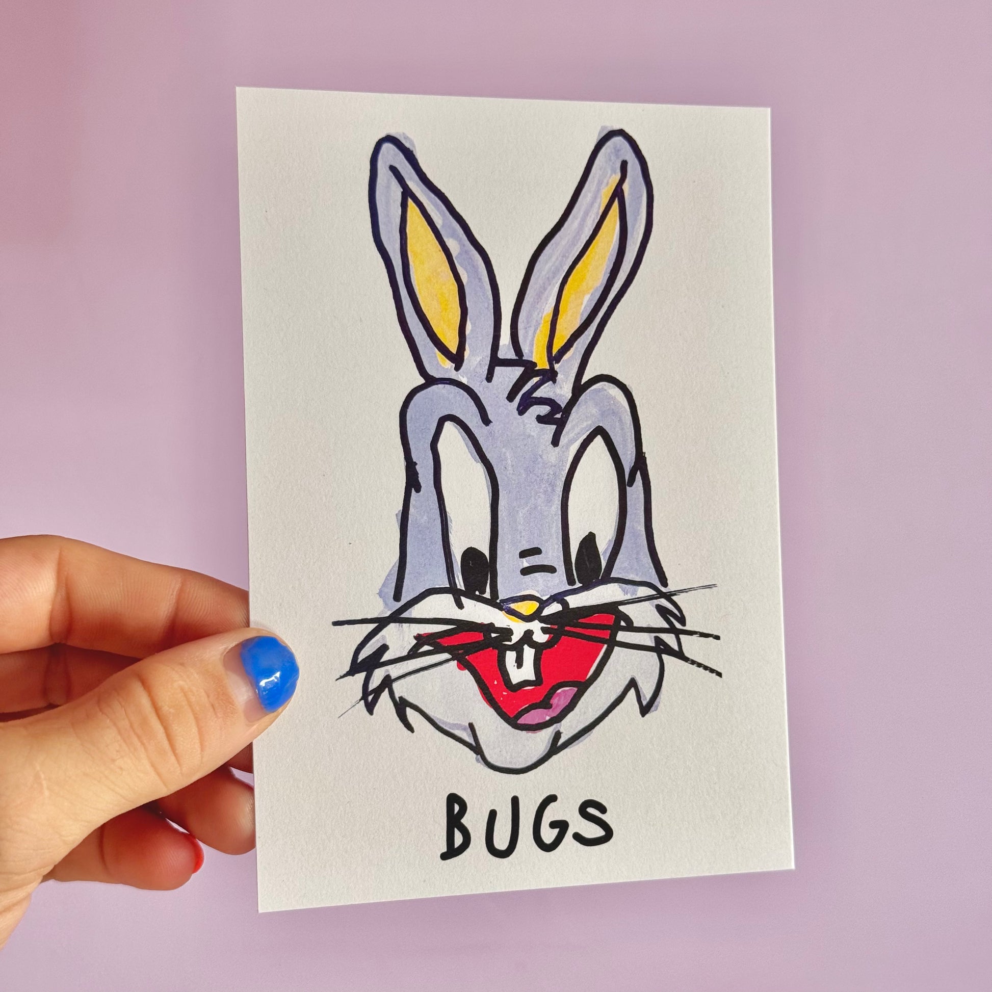 Carte postale Bugs -Carte postale imprimée d’un concept de dessins dans lequel je fais prendre vie à un personnage de dessin animé via sa peluche pour lui faire faire dessiner son autoportrait. Imprimée sur un papier 300g recyclé. Possibilité de la faire signer et dédicacer à la main en choisissant l'option de livraison "Dédicacée".-Brunograffer