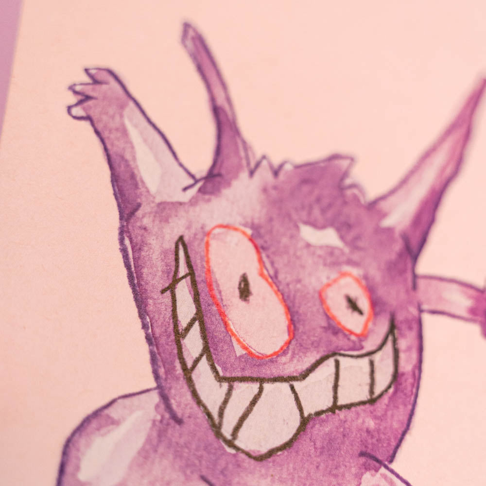 Carte postale Ectoplasma (Edition Moche) -Carte postale imprimée d’une illustration réalisée à l'aquarelle et aux crayons de couleurs.Le dessin vient d'un challenge en live sur Twitch dans lequel j'ai dessiné les 151 Pokémon de la première génération de 1995 en 24h en live sur Twitch, MAIS : en moche ! Voir la vidéo : https://youtu.be/0MyLD5bqc1Q Papier 300g recyclé. Possibilité de la faire signer et dédicacer à la main en choisissant l'option de livraison 