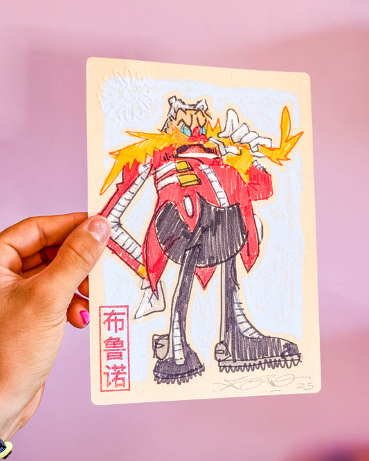 Dessin original réalisé en live sur Twitch tamponné, gaufré et signé à la main.
 
Matériel : feutre pour enfant et pastel Caran d'Ache
Dimensions : 15 x 21 cm
Papier brun épais 300g de grande qualité.