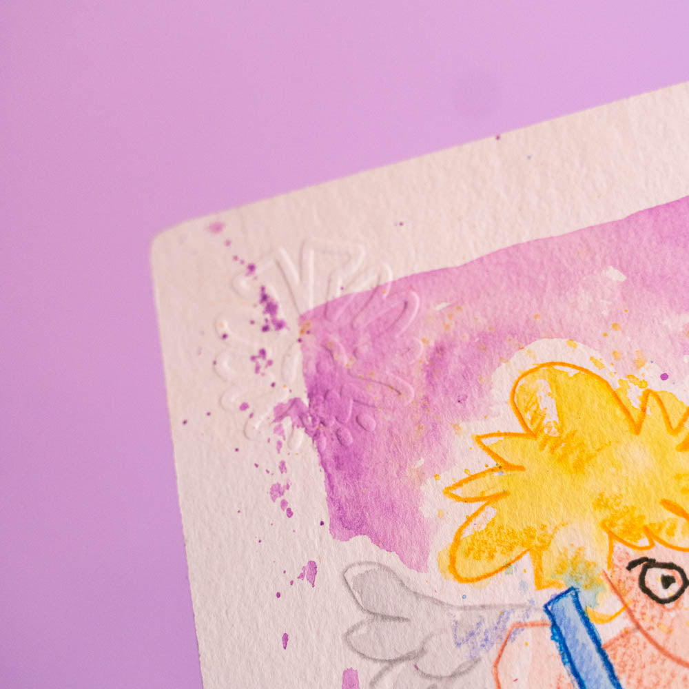 Pauvre petit ange (Original) -Dessin original réalisé pour une parodie des vidéos du créateurs de contenus sur TikTok "Lakaka". Dessin original en exemplaire unique, tamponné, gaufré et signé à la main. Matériel : Peinture aquarelle et crayons de couleurs. Dimensions : 15 x 21 cm Papier aquarelle épais 300g-Brunograffer