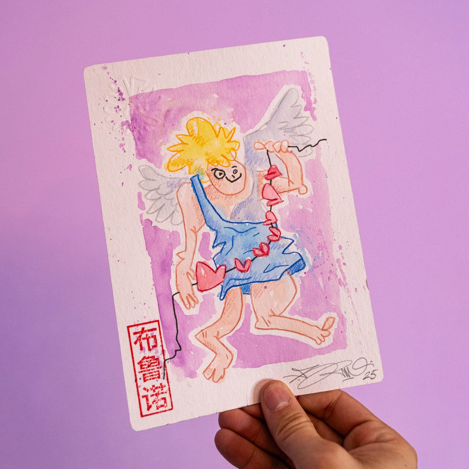 Pauvre petit ange (Original) -Dessin original réalisé pour une parodie des vidéos du créateurs de contenus sur TikTok "Lakaka". Dessin original en exemplaire unique, tamponné, gaufré et signé à la main. Matériel : Peinture aquarelle et crayons de couleurs. Dimensions : 15 x 21 cm Papier aquarelle épais 300g-Brunograffer