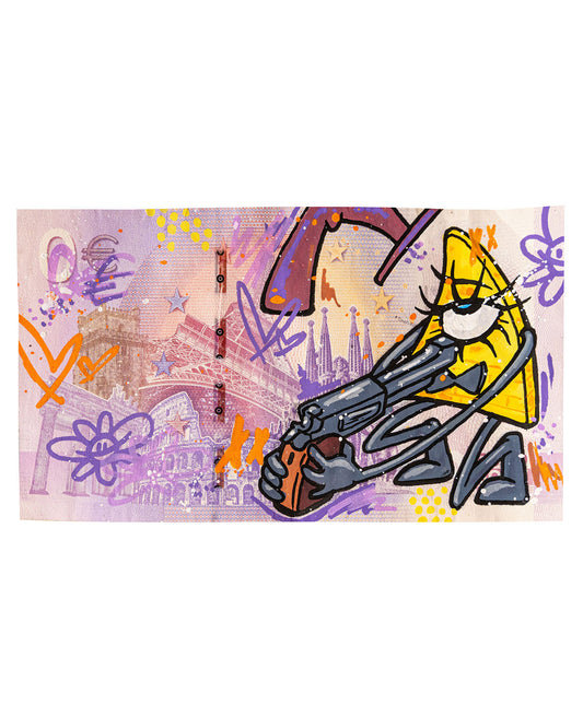 Dessin au feutres Posca et peinture aérosol sur billet de banque de 0€ obtenu à @hundertwasserhaus_vienna à Vienne.
Œuvre unique réalisée à la main en live sur Twitch.
Le billet est signé à la main au dos et vendu avec deux plaques de verre aimantées servant de cadre.
13,5 x 7,2 cm