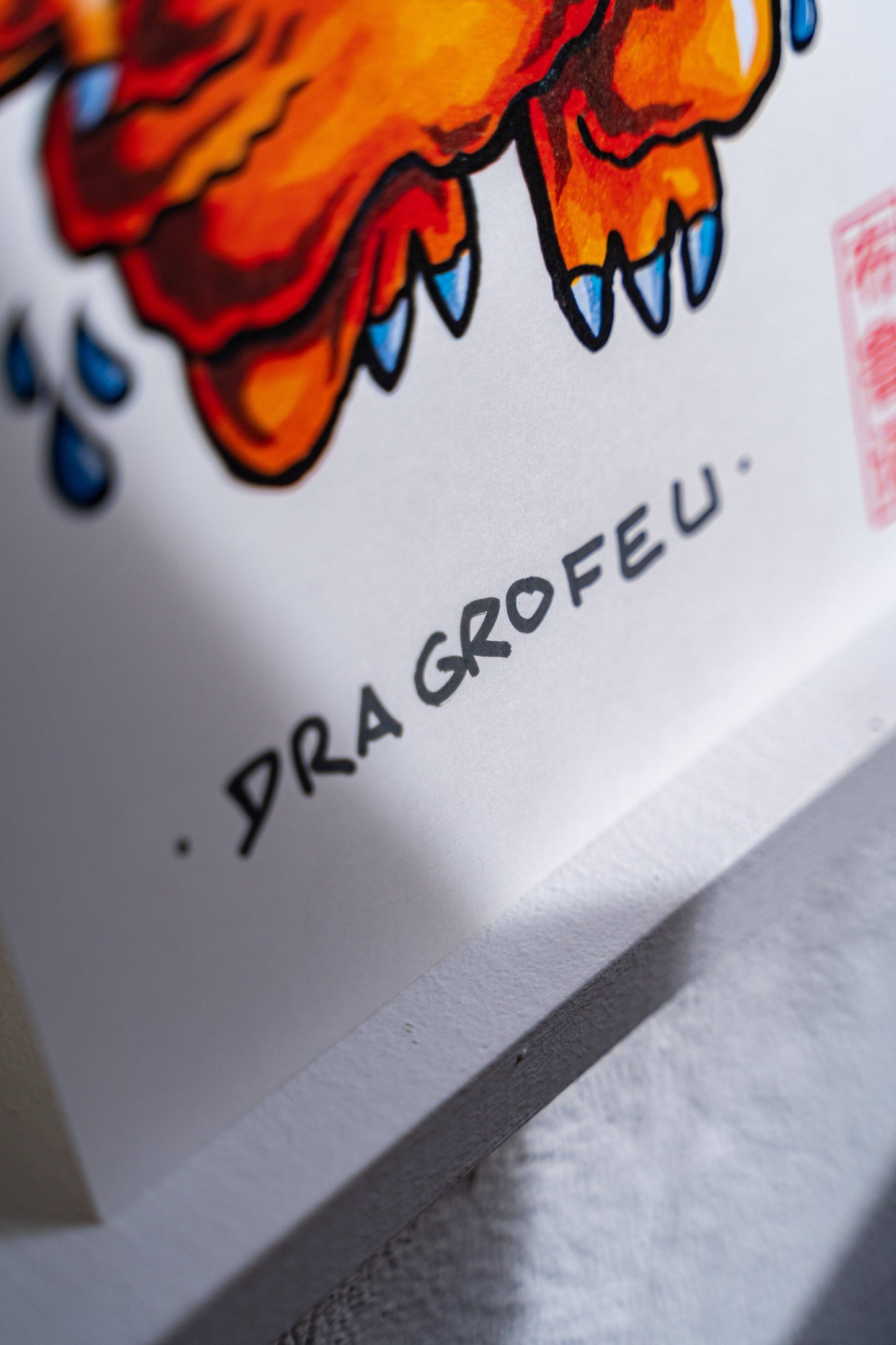 Dragrofeu -Illustration imprimé sur papier épais 300g recyclé.La version en poster A4 est tamponnée à la main.-Brunograffer