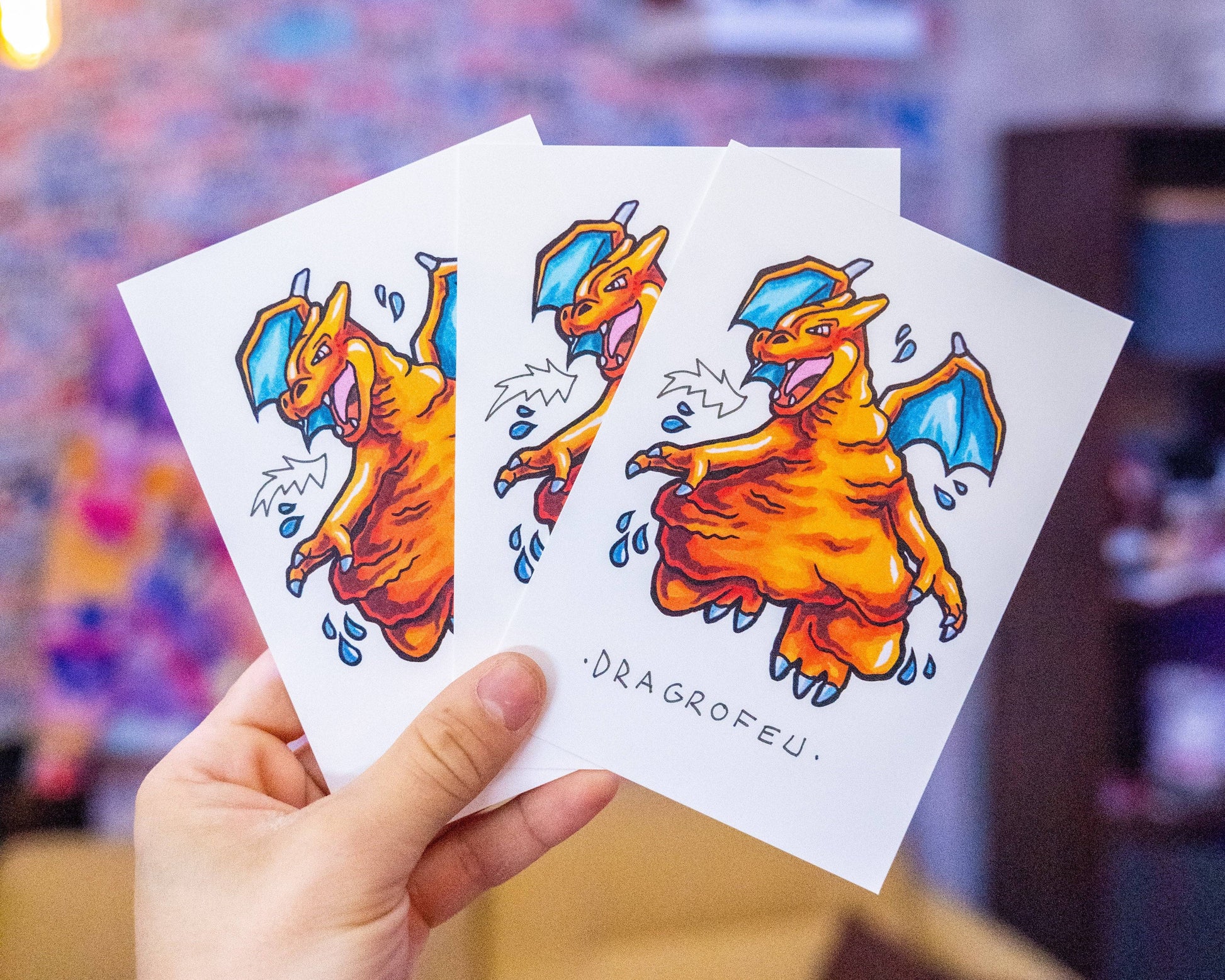 Dragrofeu -Illustration imprimé sur papier épais 300g recyclé.La version en poster A4 est tamponnée à la main.-Brunograffer