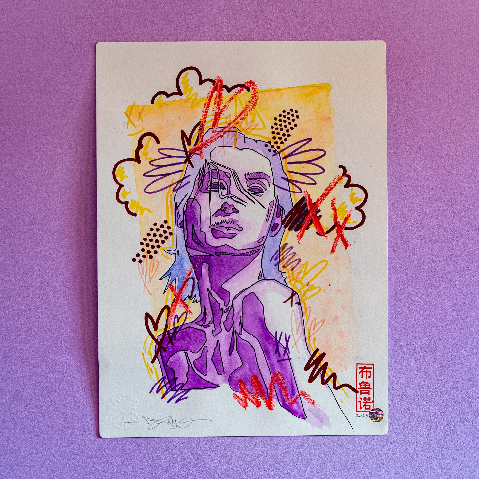 Portrait féminin (Original) -Illustration d'un portrait féminin pour mon Livre d'art "Bouquin" de 2023. Il s'agit d'un dessin original sur aquarelle papier épais 300g composé de plusieurs techniques et outils mélangées : Feutres pour enfants, marqueurs à peinture, peinture aquarelle et pastels à l'acrylique. FORMAT A3 : 42 x 30 cm Le dessins est tamponné, signé et gaufré à la main. Exemplaire unique. Vendue sans cadre.-Brunograffer