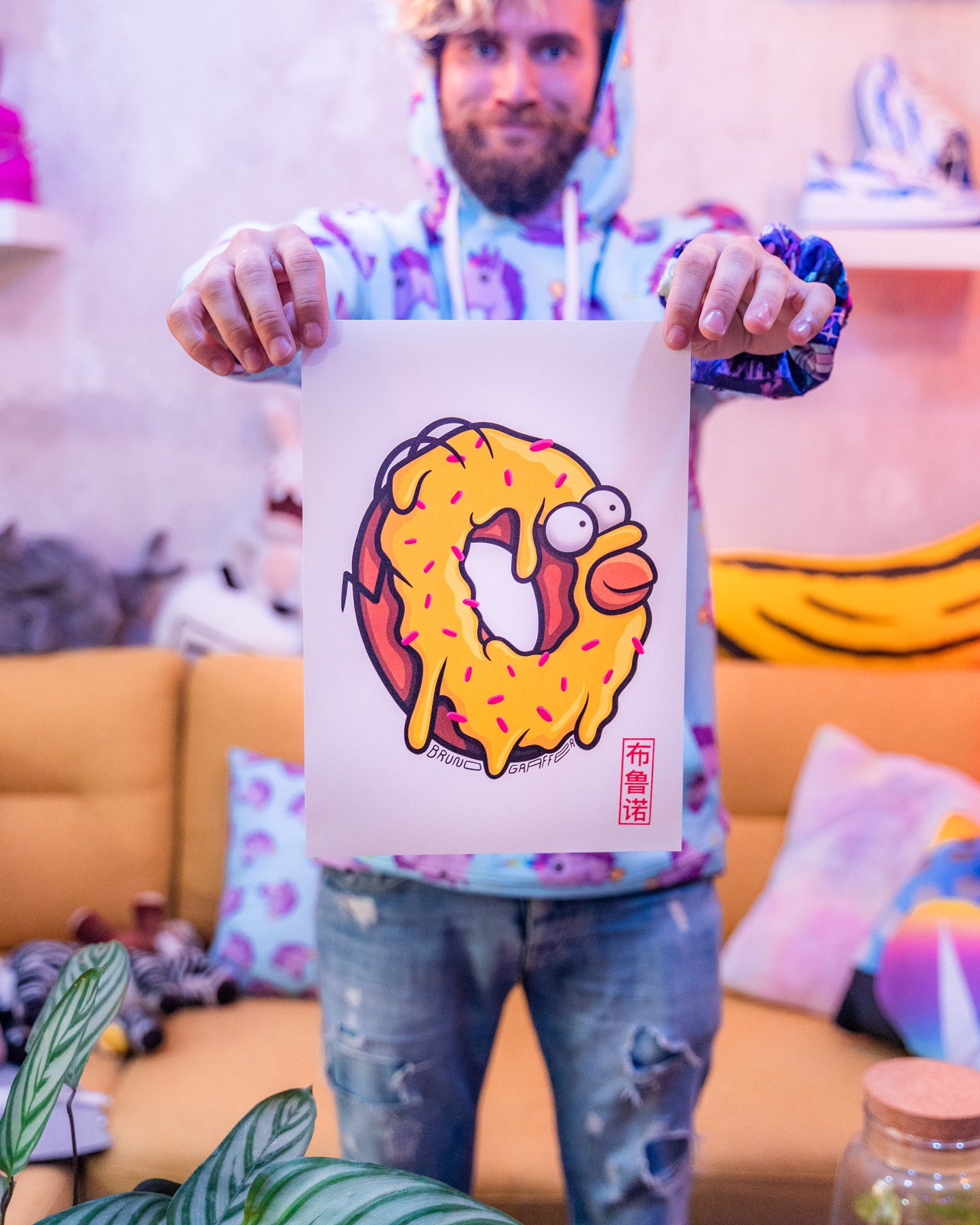 Homer donut -Poster imprimé sur papier recyclé 300g format A4 et tamponné à la main.-Brunograffer