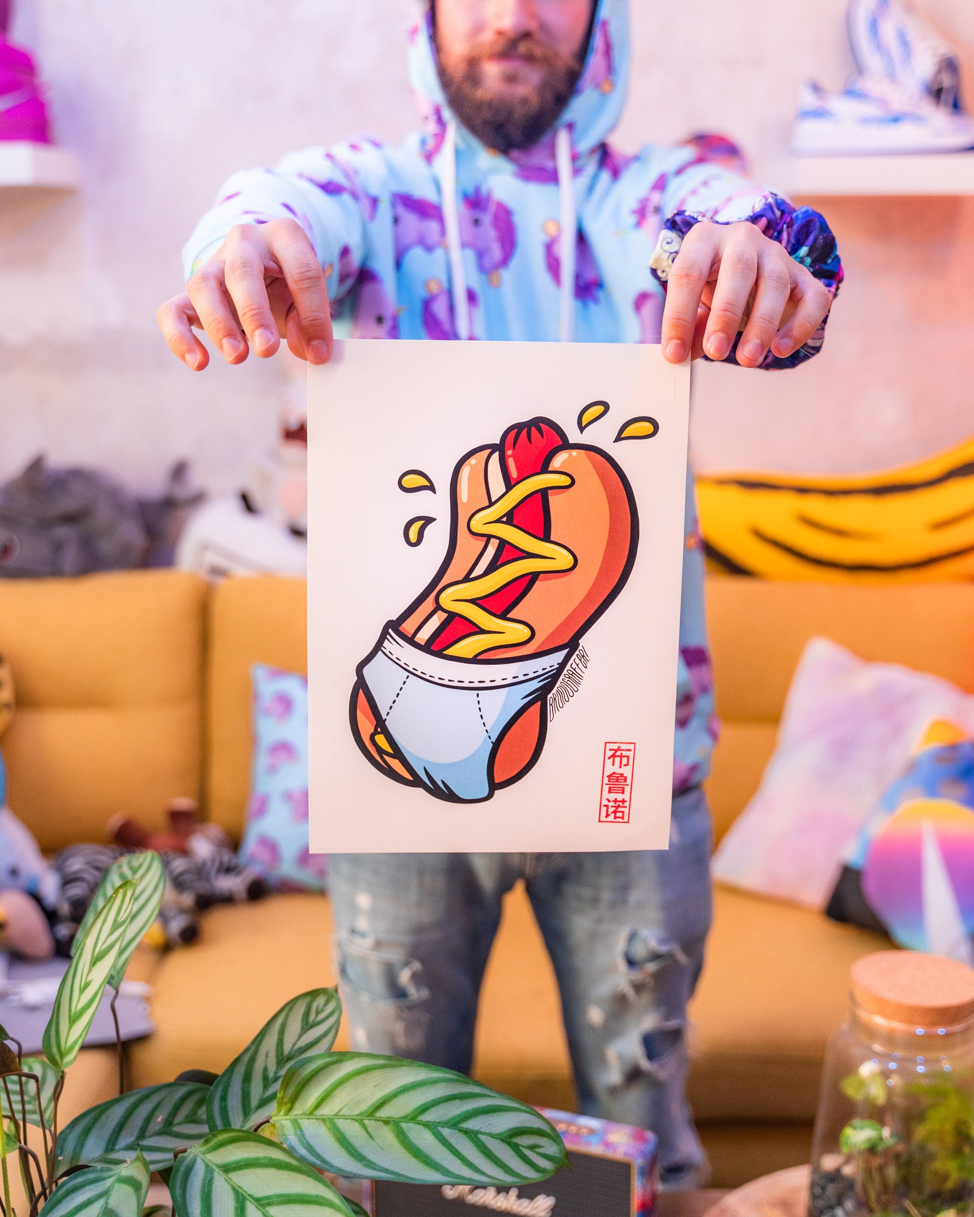 Hot-Dog en slip -Poster imprimé sur papier épais 300g recyclé au format A4 et tamponné à la main.-Brunograffer