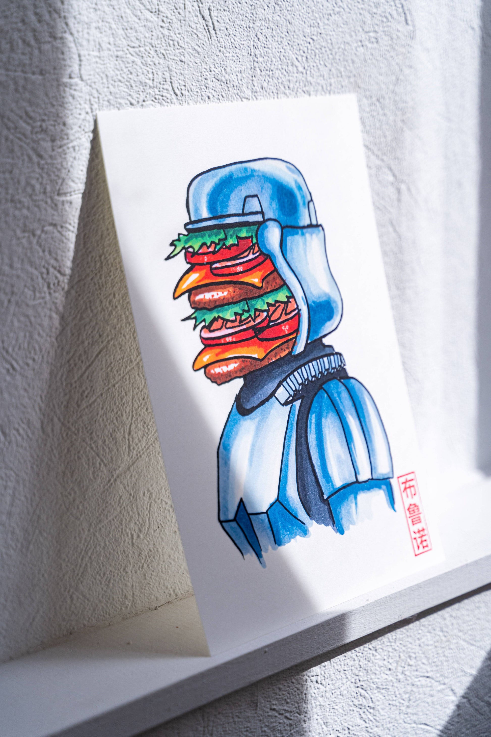 Stormwooper -Parodie d'un Stormtrooper de Star Wars (Stormwooper : Stormtrooper avec une tête en burger) Carte postale imprimée sur un papier 300g.-Brunograffer