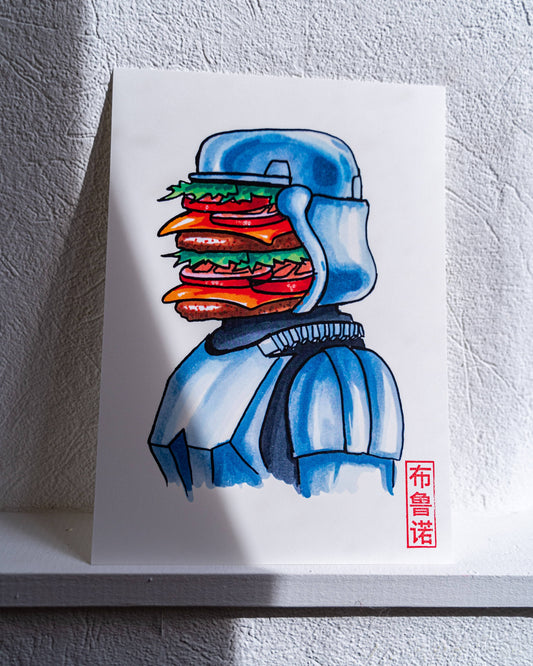 Parodie d'un Stormtrooper de Star Wars (Stormwooper : Stormtrooper avec une tête en burger)
Carte postale imprimée sur un papier 300g.