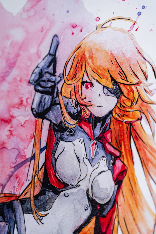 Boutique Art de Brunograffer - Une illustration inspiré du jeu vidéo Tower of Fantasy représentant le personnage principale du jeu.Dessin au feutre pinceau noir avec mise en couleur à la peinture aquarelle Sennelier imprimé sur papier épais 300g en format A3 (30x42cm).
Exemplaire unique signé et tamponné.