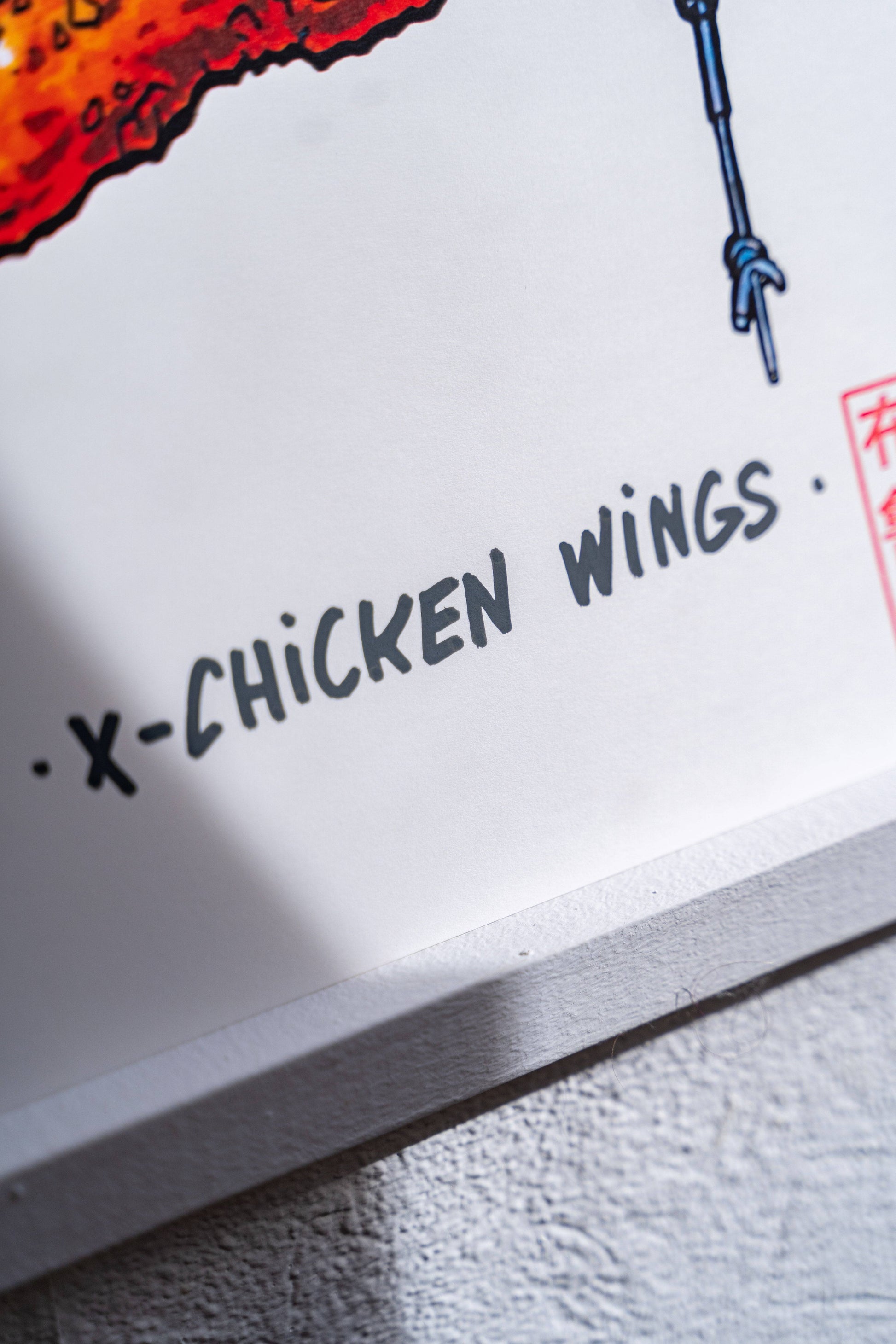 X-Chicken Wings -Illustration imprimée sur papier épais 300g.La version poster est tamponnée à la main.-Brunograffer