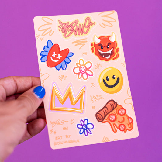 Illustrations digitales pour les emotes de la chaine de stream en live sur Twitch maintenant disponibles en planche de stickers.
Cette planche comprend 8 stickers.
 
Les illustrations sont réalisées sur tablette iPad avec Procreate puis imprimée. Les autocollants sont résistant aux poussières et aux éclaboussures. Veillez bien à les coller sur une surface lisse, propre et sèche pour un bon maintient. Par exemple sur un casque, un vélo, un frigo, une porte, le dos d'un téléphone, etc.
Matériaux : Sticker Vinyl MatDimensions : 10 x 15 cm