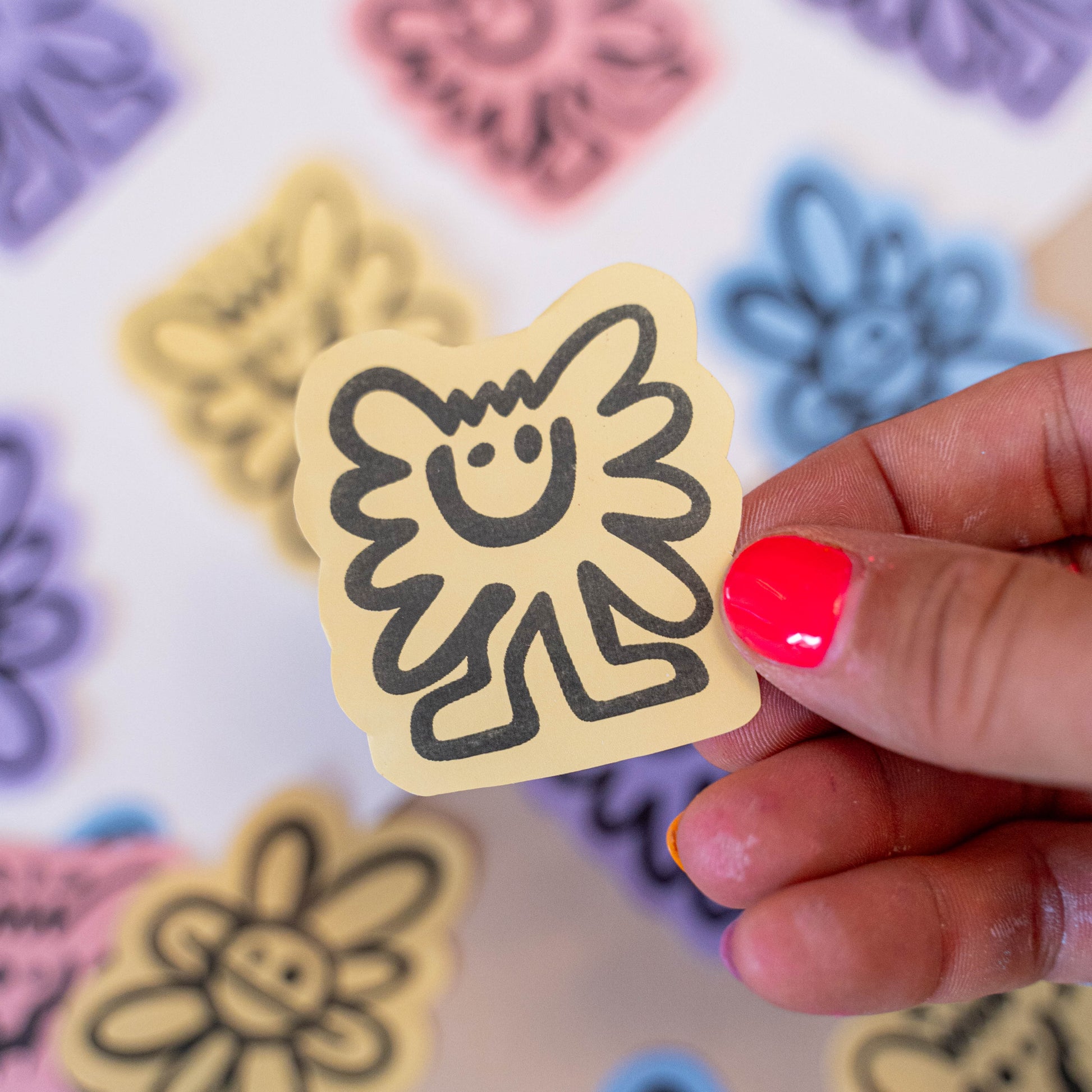 Pack Pad & Fleurs (4 Stickers) -Papier thermique autocollant imprimé et découpé à la main pour un pack de 4 stickers différents. Le pack comporte 1 stickers de chaque couleurs : Jaune, Rose, Violet et Bleu avec 3 visuels différents. Un visuels au hasard est donc en double. Dimensions : Entre 5 et 7 cm-Brunograffer