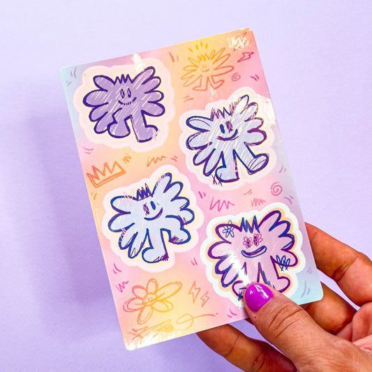 Cette planche d'autocollant peut faire s'animé le petit personnage Pad si on les met les un à la suite des autres.
Comprend 4 stickers effet brillant.
 
Les illustrations sont réalisées sur tablette iPad avec Procreate puis imprimée. Les autocollants sont résistant aux poussières et aux éclaboussures. Veillez bien à les coller sur une surface lisse, propre et sèche pour un bon maintient. Par exemple sur un casque, un vélo, un frigo, une porte, le dos d'un téléphone, etc.
Matériaux : Sticker Vinyl brillantDimensions : 10 x 15 cm